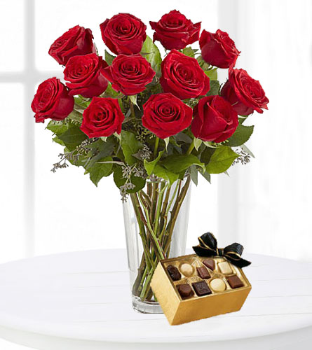 A Dozen Red Roses with Chocolates