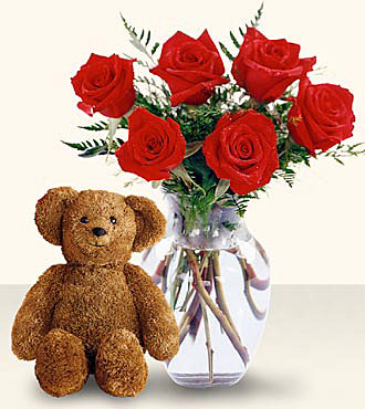 Six Red Roses in a Vase with Bear